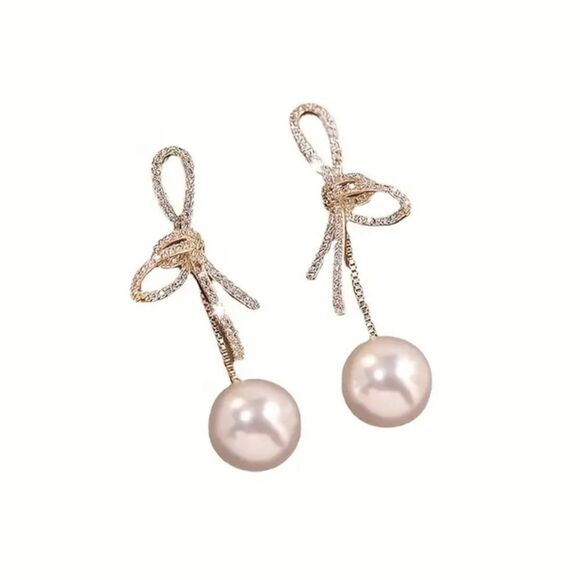 RESTOCKED Gold Diamond Bow Pearl Drop Earrings - Picture 3 of 3